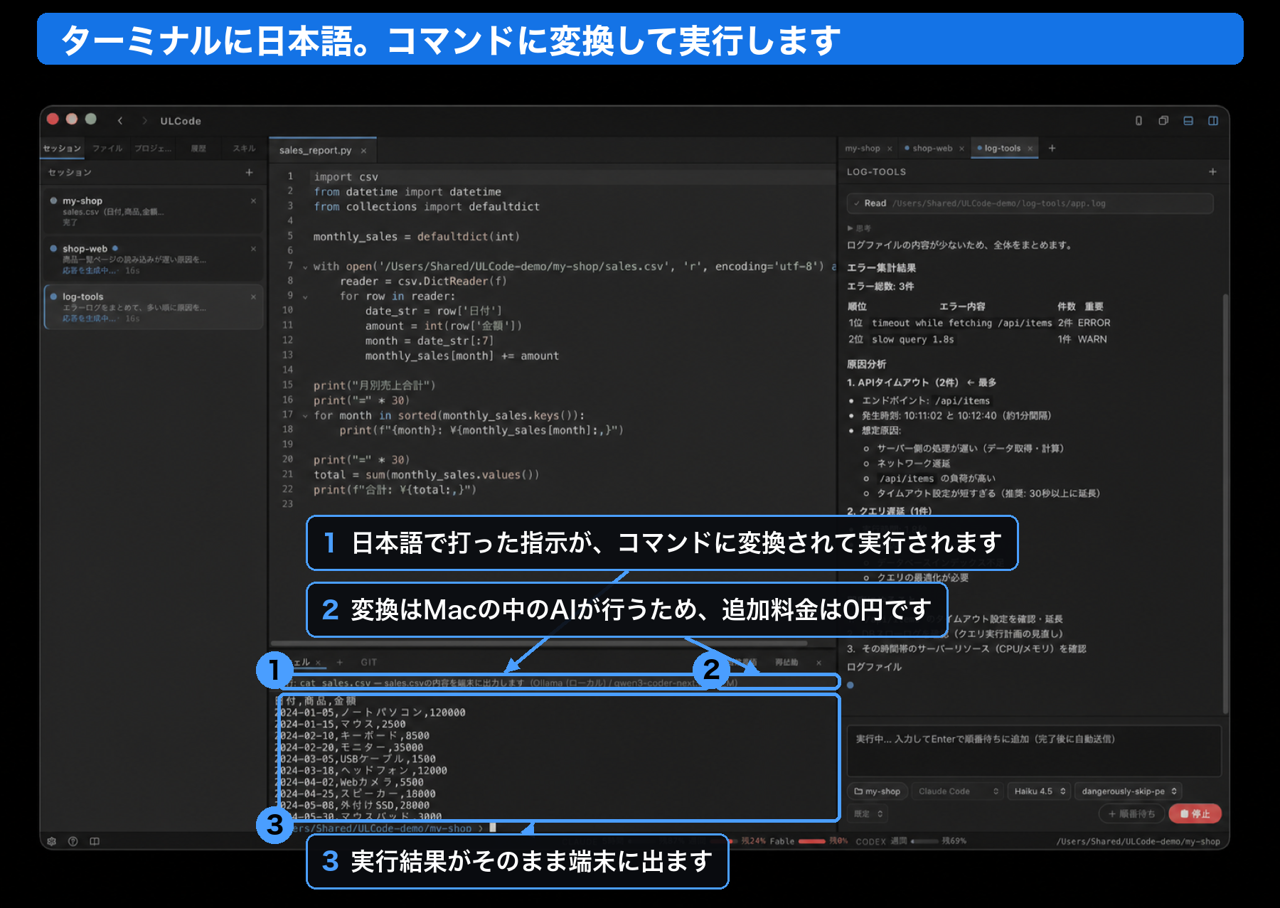 ターミナルに日本語を打つとコマンドに変換されて実行される画面。注釈つき